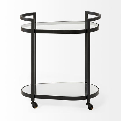 Carrito de bar Cyclider de metal negro con dos estantes de cristal espejado