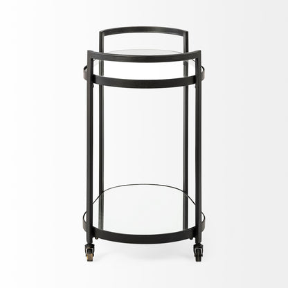 Carrito de bar Cyclider de metal negro con dos estantes de cristal espejado