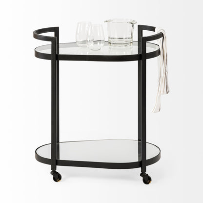 Carrito de bar Cyclider de metal negro con dos estantes de cristal espejado