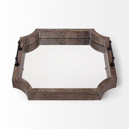 Bandeja para servir hexagonal de madera marrón de 23" con espejo y asas