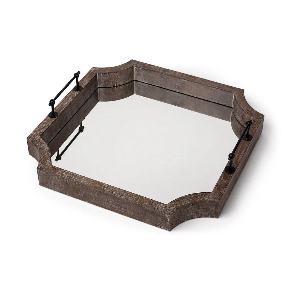 Bandeja para servir hexagonal de madera marrón de 23" con espejo y asas