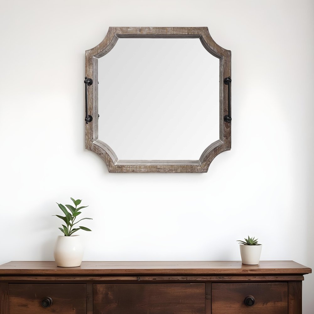 Bandeja para servir hexagonal de madera marrón de 23" con espejo y asas