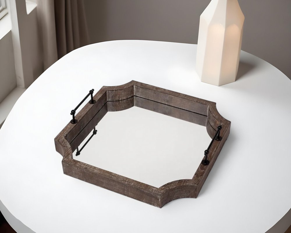 Bandeja para servir hexagonal de madera marrón de 23" con espejo y asas