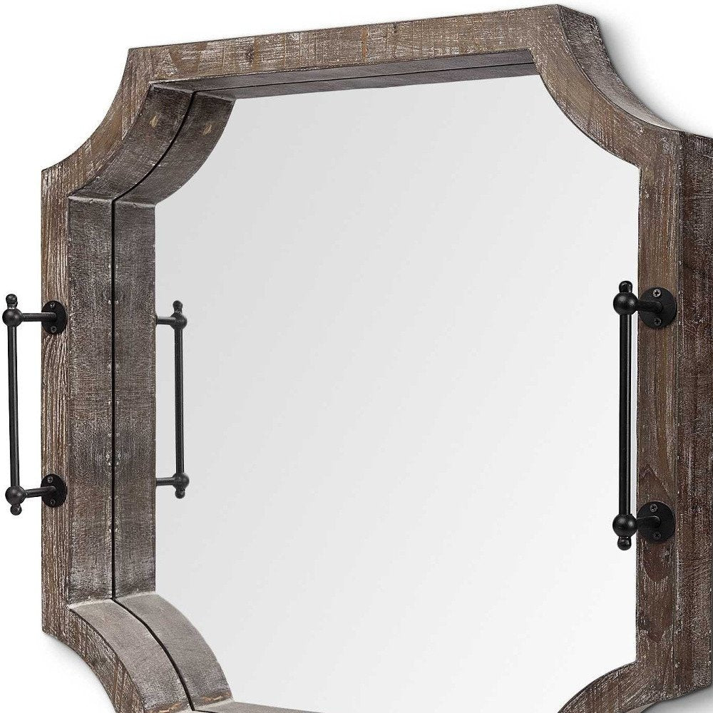 Bandeja para servir hexagonal de madera marrón de 23" con espejo y asas
