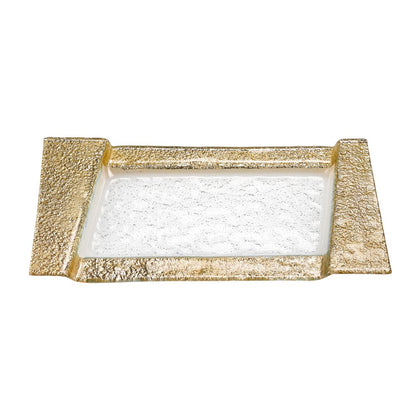 Bandeja para refrigerios o tocador de vidrio transparente y dorado de 13"