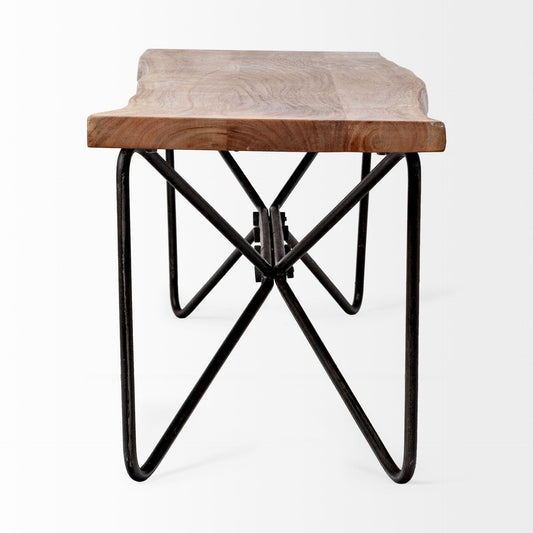 66" Brown and Black Distressed Live Edge Solid Wood Dining Bench