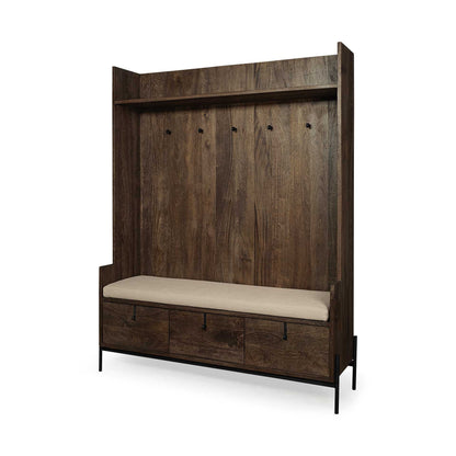 Perchero de madera color marrón crema con asiento forrado en tela y almacenamiento