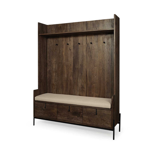 Perchero de madera color marrón crema con asiento forrado en tela y almacenamiento