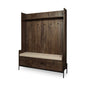 Perchero de madera color marrón crema con asiento forrado en tela y almacenamiento