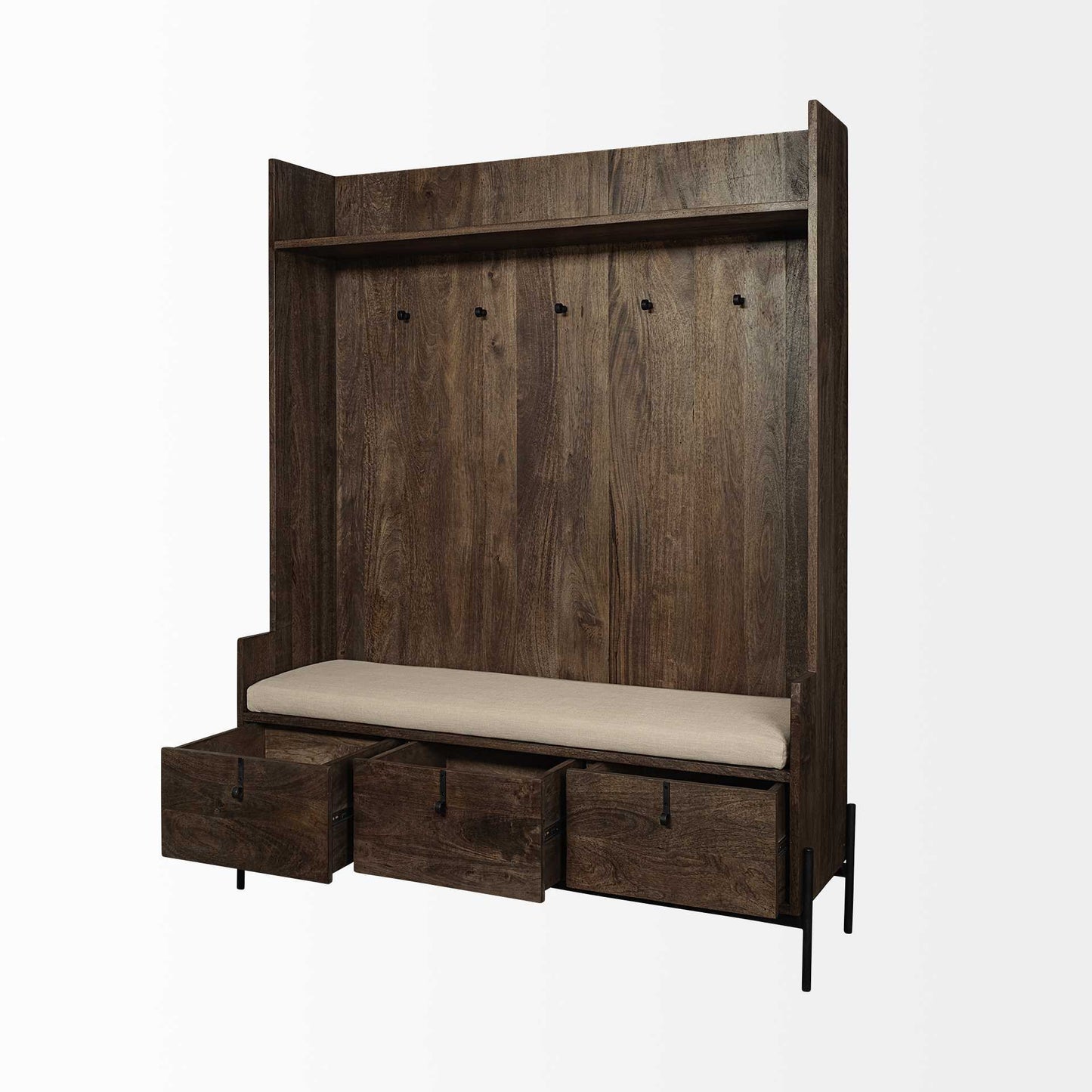 Perchero de madera color marrón crema con asiento forrado en tela y almacenamiento