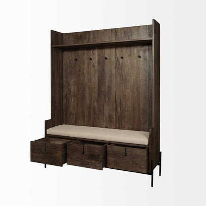 Perchero de madera color marrón crema con asiento forrado en tela y almacenamiento