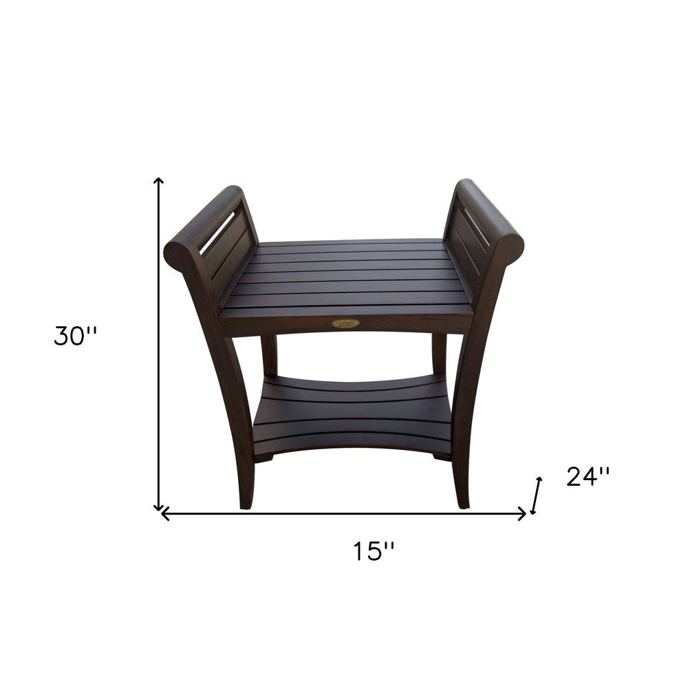 Rectangular Teak Shower Bench With Shelf And Handles In Brown Finish