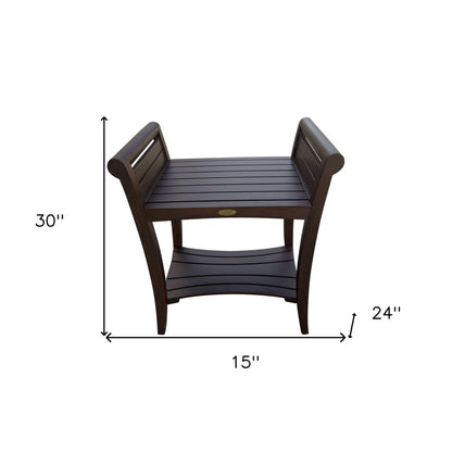 Rectangular Teak Shower Bench With Shelf And Handles In Brown Finish
