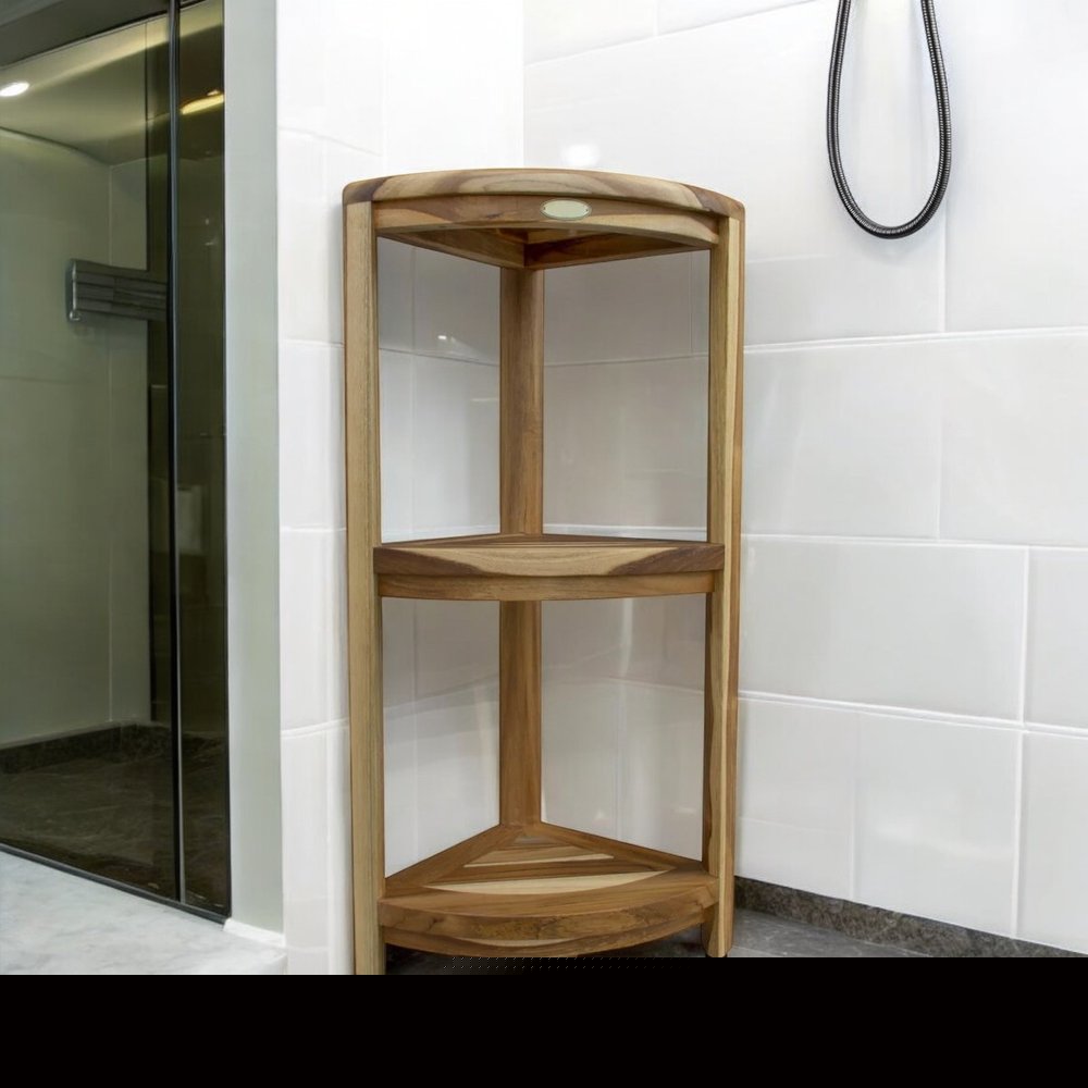 33" Natural Teak Corner Shower Bench With Shelf