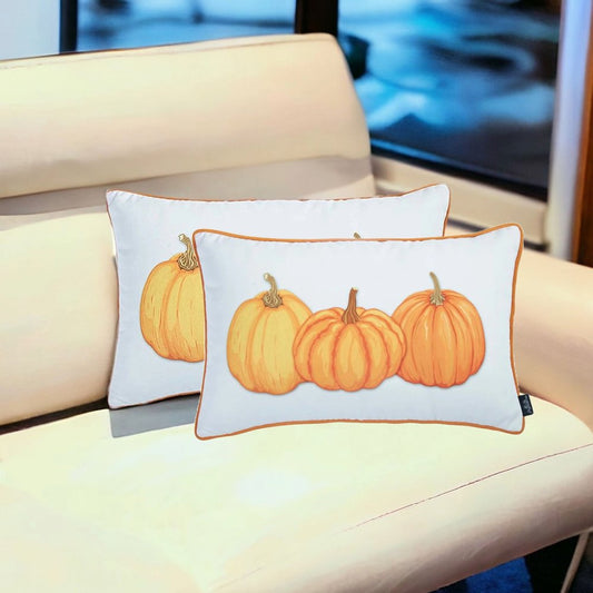Set of Two 12" X 20" Yellow And White Fabric Lumbar Throw Pillow Covers