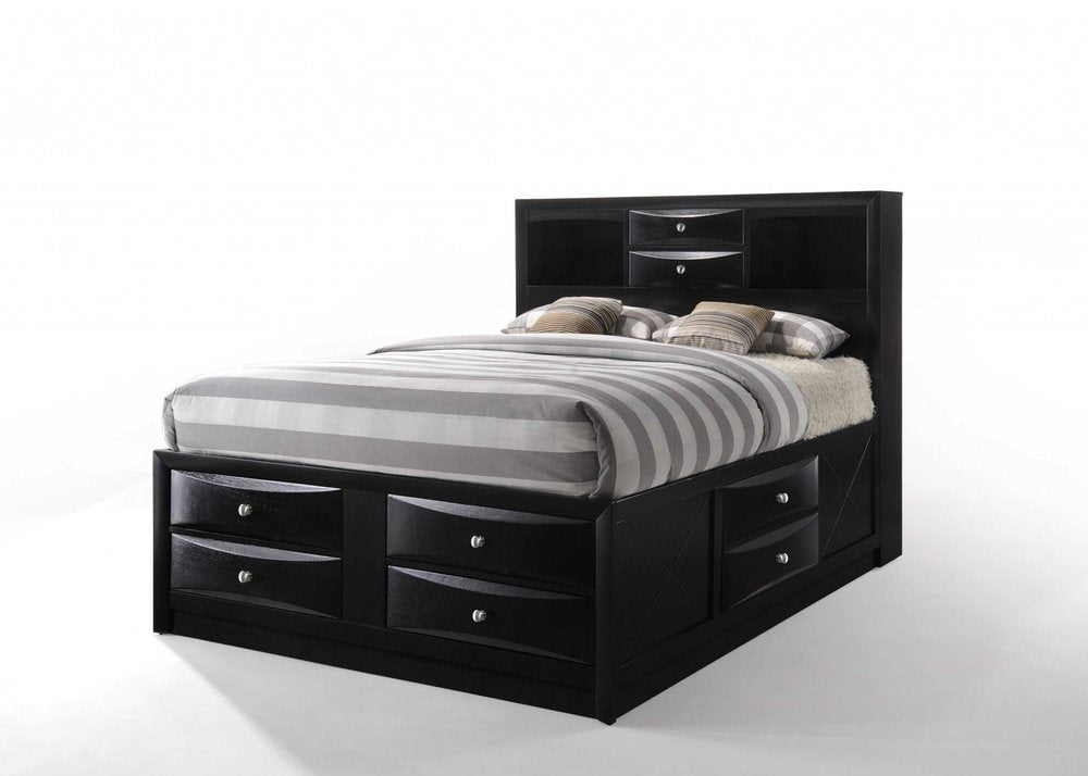 Cama Queen de madera negra con diez cajones