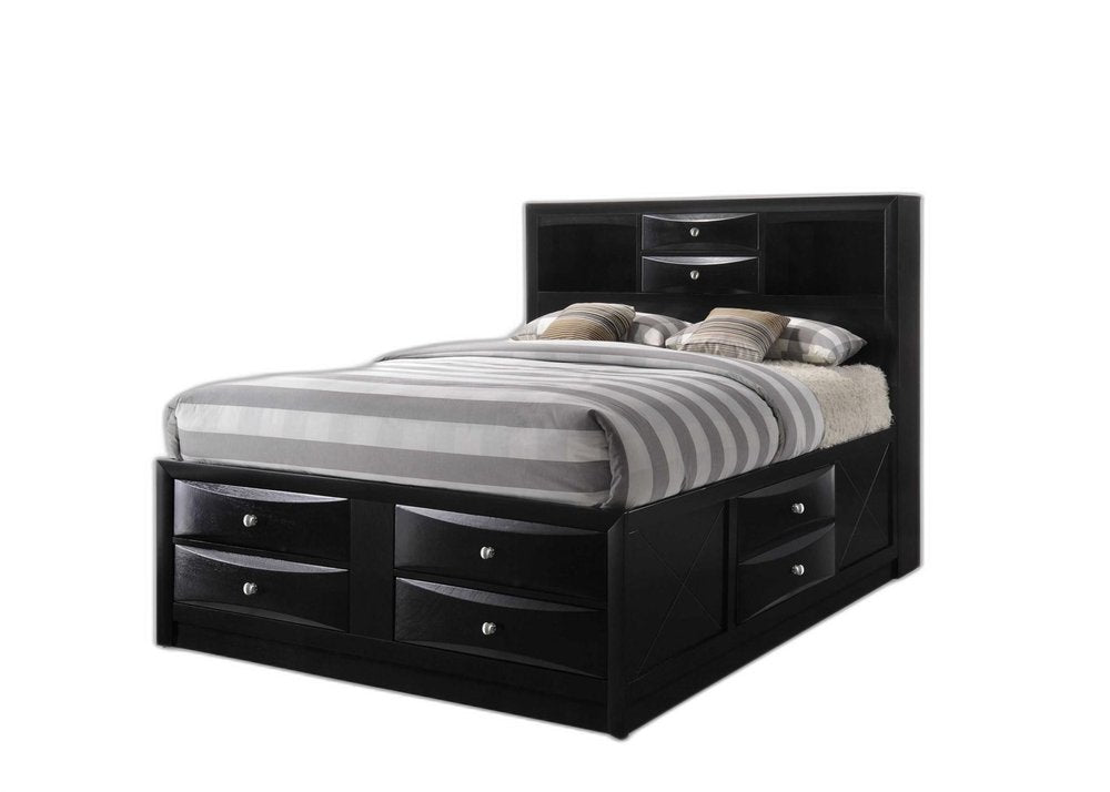 Cama Queen de madera negra con diez cajones