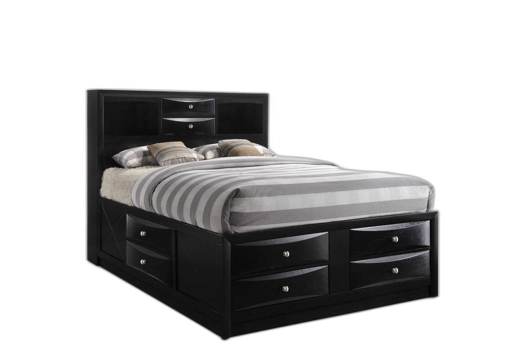 Cama Queen de madera negra con diez cajones