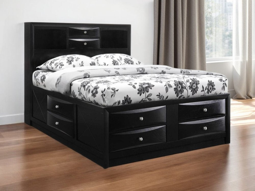 Cama Queen de madera negra con diez cajones