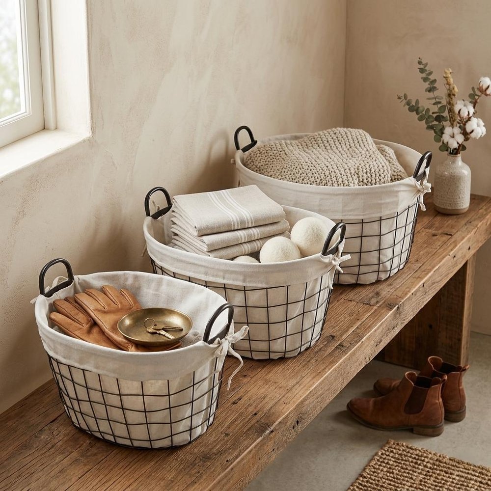 Set Of Three Black Oval Wire Baskets with White Fabric Liners and Handles