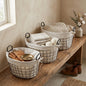 Set Of Three Black Oval Wire Baskets with White Fabric Liners and Handles