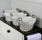 Set Of Three Black Oval Wire Baskets with White Fabric Liners and Handles