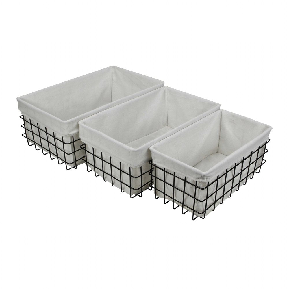 Juego de 3 cestas rectangulares de alambre metálico forradas en tela blanca
