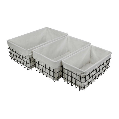 Juego de 3 cestas rectangulares de alambre metálico forradas en tela blanca