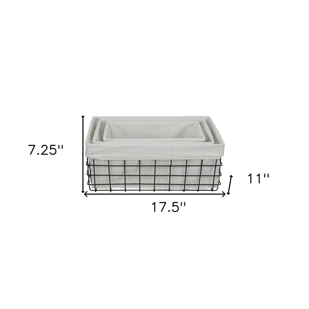 Juego de 3 cestas rectangulares de alambre metálico forradas en tela blanca