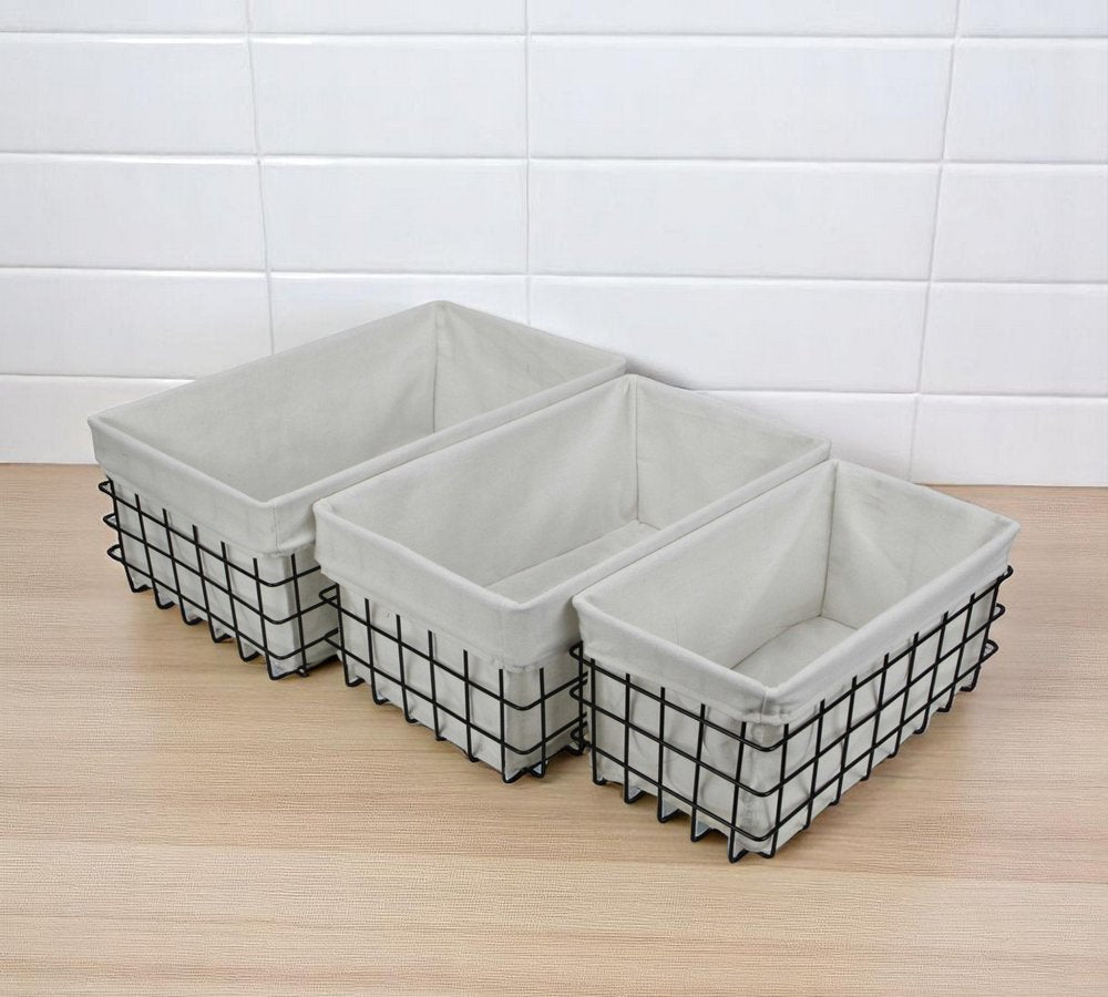 Juego de 3 cestas rectangulares de alambre metálico forradas en tela blanca