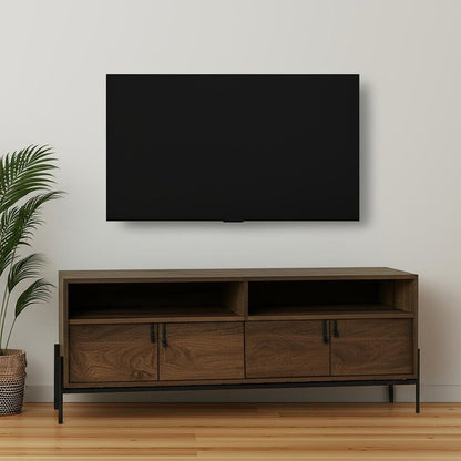 62" Brown and Black Solid Wood Cabinet Enclosed Storage TV Stand