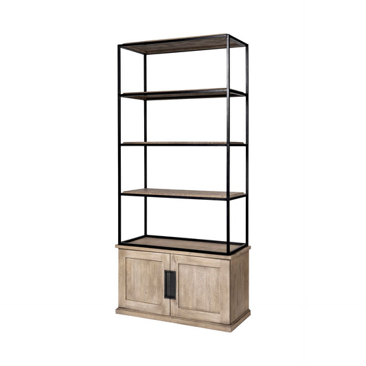 90" Brown Iron and Wood Three Tier Bookcase