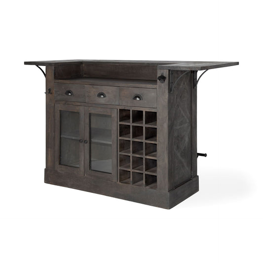 Isla de cocina de madera maciza gris con almacenamiento para botellas de vino