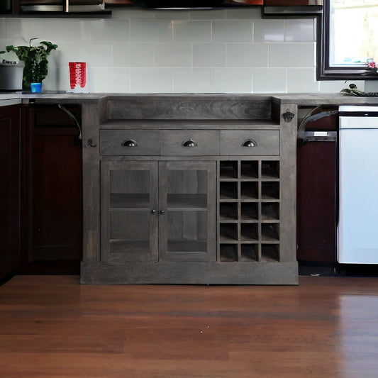 Isla de cocina de madera maciza gris con almacenamiento para botellas de vino