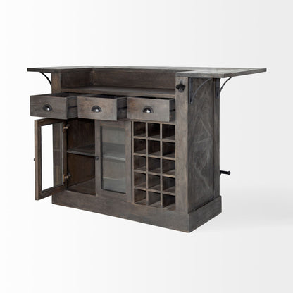 Isla de cocina de madera maciza gris con almacenamiento para botellas de vino