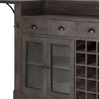 Isla de cocina de madera maciza gris con almacenamiento para botellas de vino