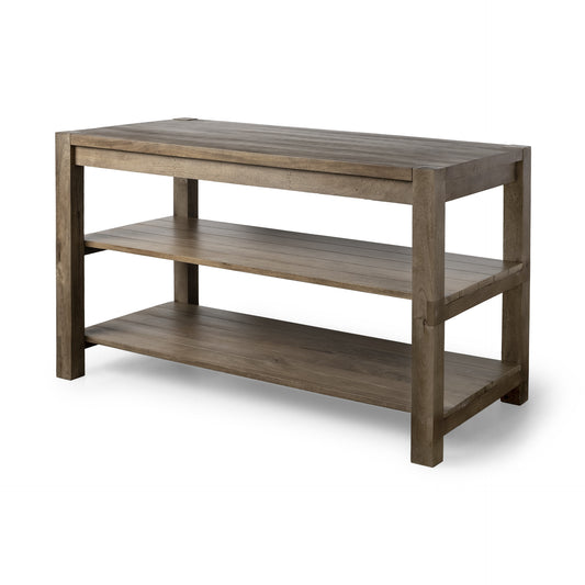 Isla de cocina de madera maciza marrón con encimera lisa de dos niveles