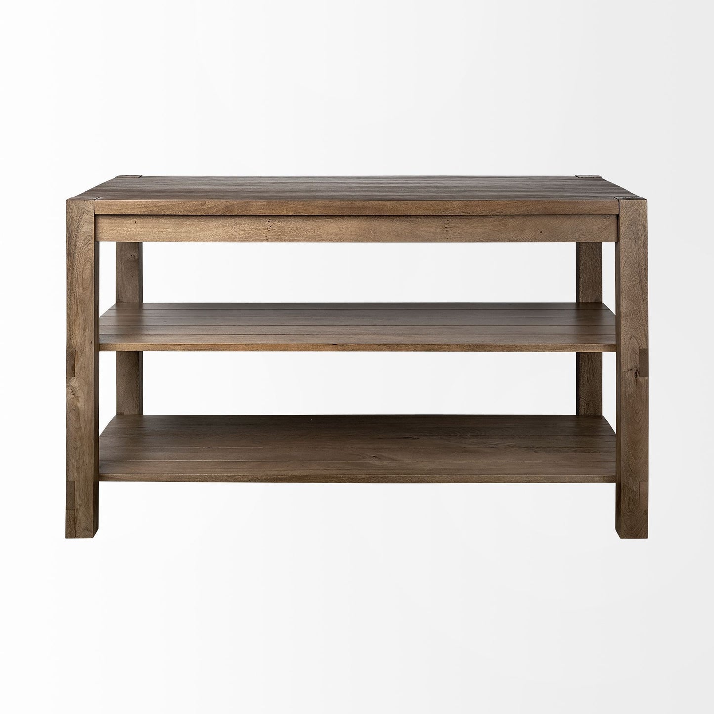 Isla de cocina de madera maciza marrón con encimera lisa de dos niveles