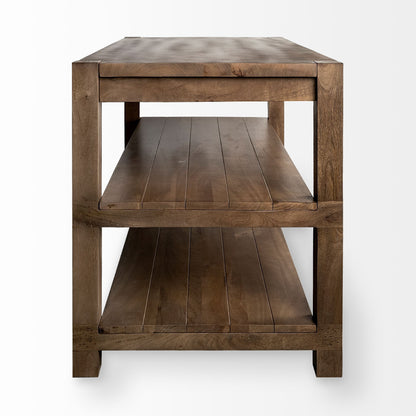 Isla de cocina de madera maciza marrón con encimera lisa de dos niveles