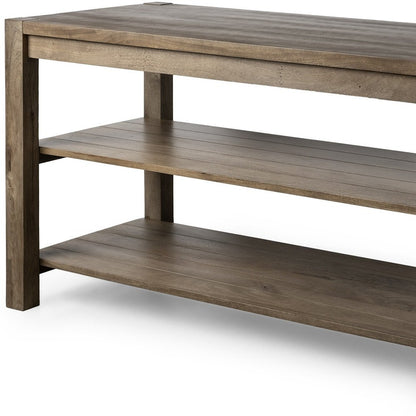 Isla de cocina de madera maciza marrón con encimera lisa de dos niveles