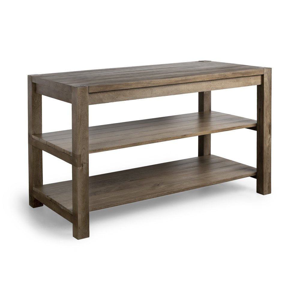 Isla de cocina de madera maciza marrón con encimera lisa de dos niveles