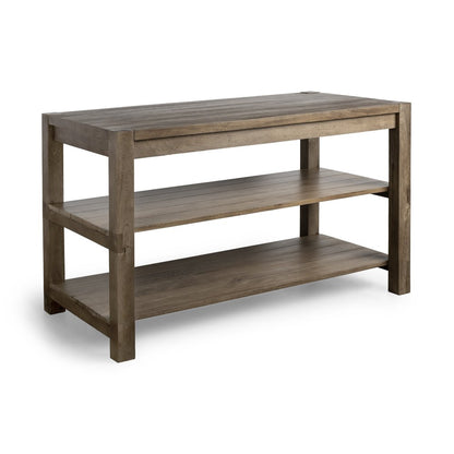 Isla de cocina de madera maciza marrón con encimera lisa de dos niveles