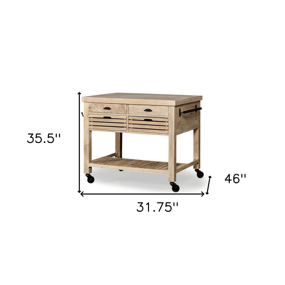 Isla de cocina rodante de madera maciza natural de 32" con espacio de almacenamiento