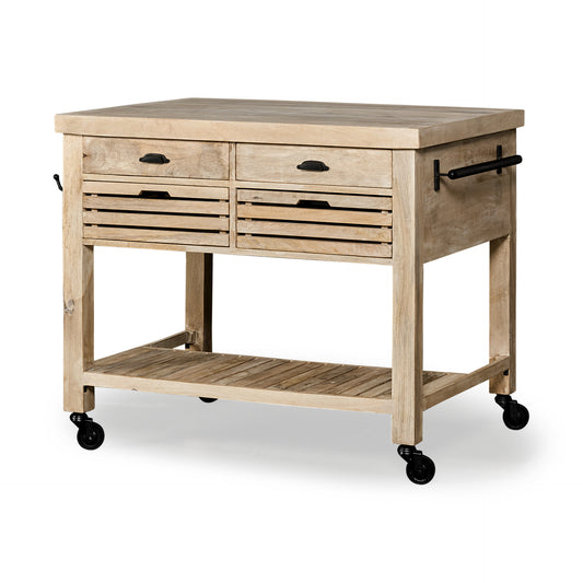 Isla de cocina rodante de madera maciza natural de 32" con espacio de almacenamiento