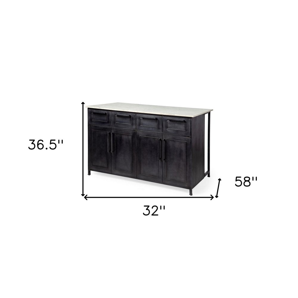 Isla de cocina de hierro macizo con cuerpo negro y encimera de mármol blanco con 4 cajones