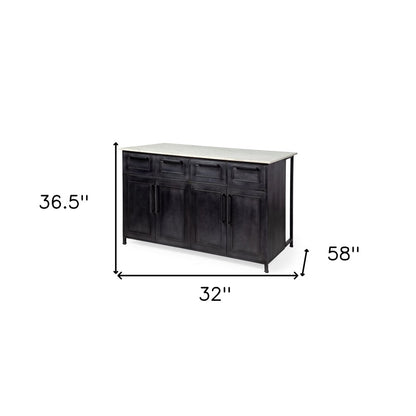 Isla de cocina de hierro macizo con cuerpo negro y encimera de mármol blanco con 4 cajones