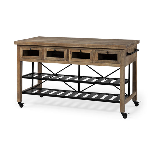 Isla de cocina con encimera de madera maciza marrón y ruedas de metal negro de dos niveles