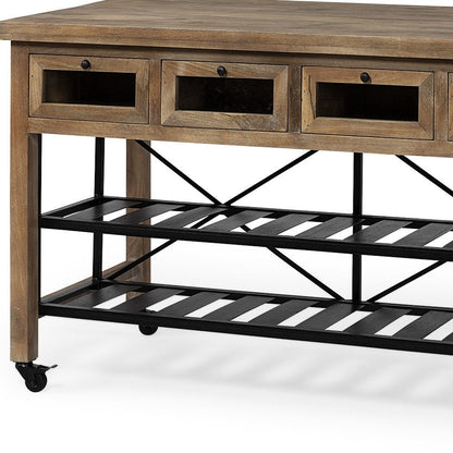 Isla de cocina con encimera de madera maciza marrón y ruedas de metal negro de dos niveles