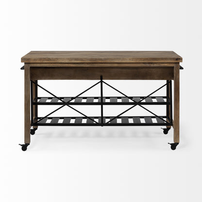 Isla de cocina con encimera de madera maciza marrón y ruedas de metal negro de dos niveles