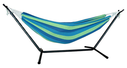 Hamaca para dos personas con soporte y rayas azules y verdes